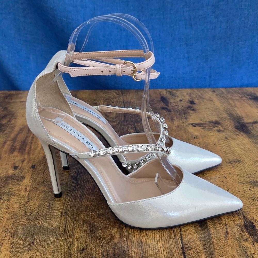 Saks Fifth Avenue Silver Metallic Rhinestone Ankle Strap Pumps Heels Size 7